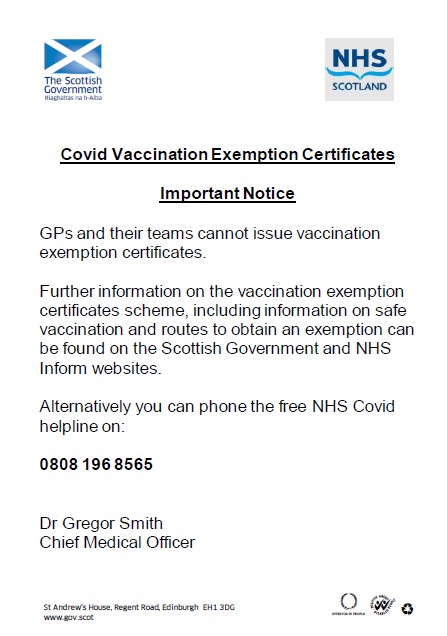 Covid Vaccination Exemption Certificates - Important Notice